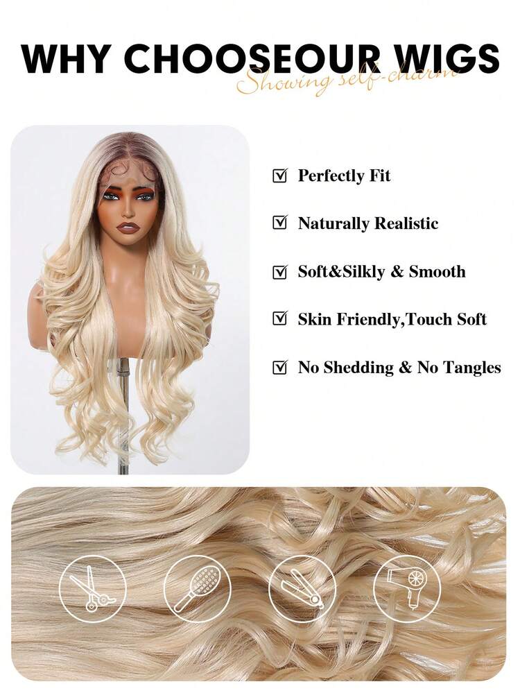 13x6 HD Glueless Lace Front Wigs Ombre Blonde Long Body Wave Synthetic Lace Wig For Women,Wear And Go Wig Wig With Pre Plucked Natrural Hairline And Baby Hair 26 Inch - 漸變金色 - 查看 7