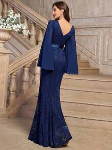 MIUSOL Đầm dự tiệc trang trọng tay dài ren hoa cổ chữ V sâu thanh lịch, váy dự tiệc cưới, váy dạ hội - Màu xanh hải quân - Xem 2