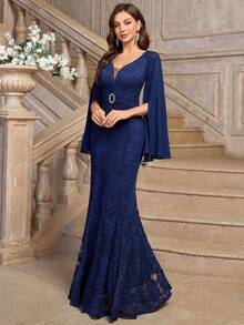 MIUSOL Đầm dự tiệc trang trọng tay dài ren hoa cổ chữ V sâu thanh lịch, váy dự tiệc cưới, váy dạ hội - Màu xanh hải quân - Xem 4