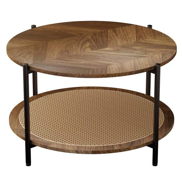 VZONE 31.5" Round Coffee Table For Living Room, 2-Tier Modern Wood Accent Table, Stylish Rattan Shelf Design, Circle Center Table For Small Spaces With Storage