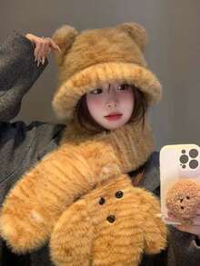 1pc New Tiger Plush Scarf Hat Set, Cute & Sweet Furry Tiger/Leopard Print Neck Warmer, Thick Fleece Animal Ear Bucket Hat, Kawaii Winter Accessory, Gift For Girls Warm Accessories Valentines Gift