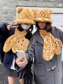 1pc New Tiger Plush Scarf Hat Set, Cute & Sweet Furry Tiger/Leopard Print Neck Warmer, Thick Fleece Animal Ear Bucket Hat, Kawaii Winter Accessory, Gift For Girls Warm Accessories Valentines Gift