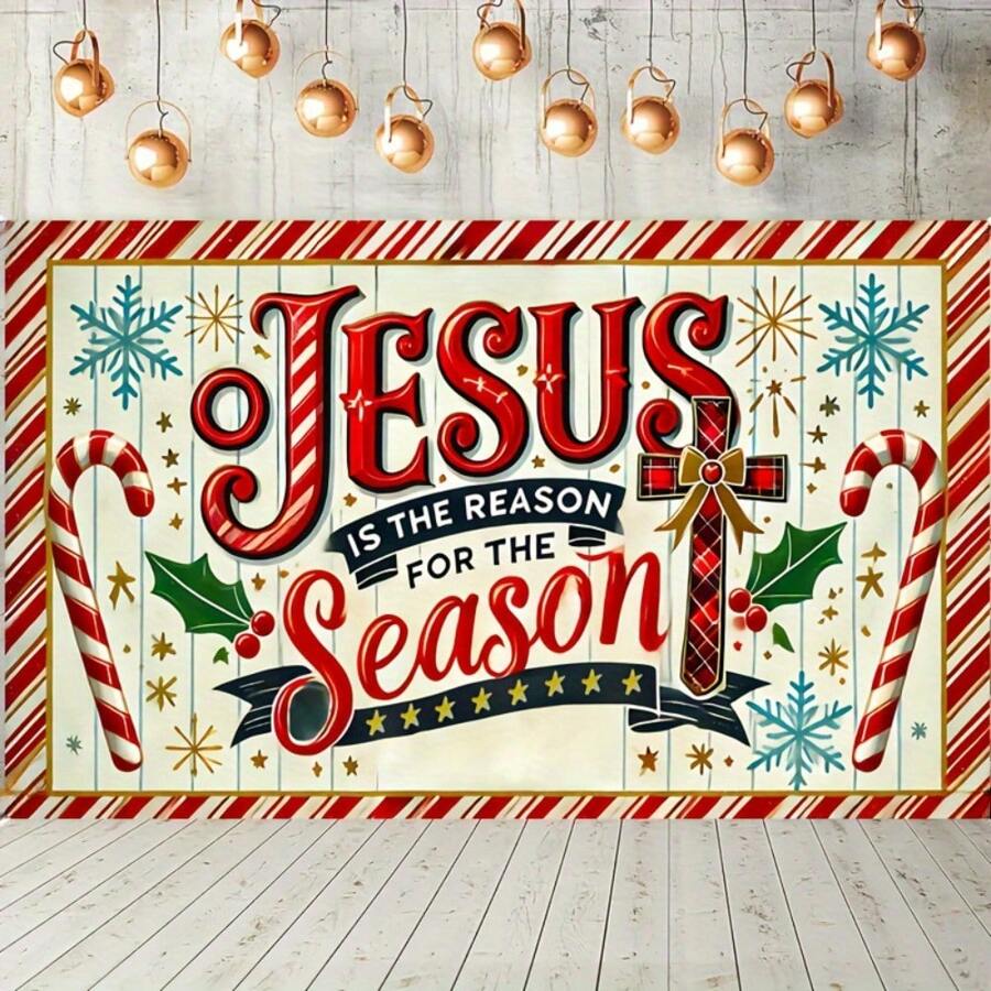 1 tấm Polyester "Jesus Is The Reason For The Season" Biểu ngữ Giáng sinh - Phông nền trang trí trong nhà/ngoài trời đa năng cho lễ kỷ niệm ngày lễ, tiệc tùng, sự kiện tặng quà - Không cần nguồn điện - 1 cái - Xem 1