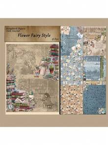 8 张复古女孩主题剪贴簿纸、蓝色复古女孩和书籍主题剪贴簿用品、工艺纸、垃圾日记本纸、子弹日记本剪纸纸、卡片制作 - 彩色 - 查看 1