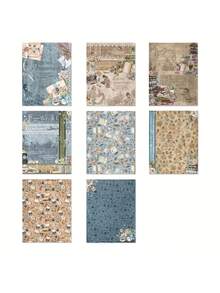 8 张复古女孩主题剪贴簿纸、蓝色复古女孩和书籍主题剪贴簿用品、工艺纸、垃圾日记本纸、子弹日记本剪纸纸、卡片制作 - 彩色 - 查看 5