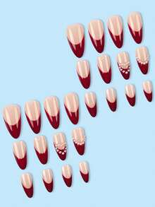 24 件中号杏仁形假指甲，心形和珍珠水钻水滴法式美甲指甲片，简约红边，全覆盖可重复使用和可拆卸美甲套装，适合派对、婚礼和日常佩戴 - 彩色 - 查看 4