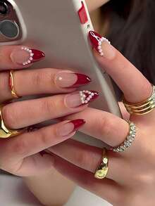 24 件中号杏仁形假指甲，心形和珍珠水钻水滴法式美甲指甲片，简约红边，全覆盖可重复使用和可拆卸美甲套装，适合派对、婚礼和日常佩戴 - 彩色 - 查看 1