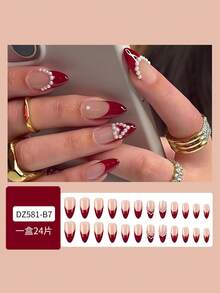 24 件中号杏仁形假指甲，心形和珍珠水钻水滴法式美甲指甲片，简约红边，全覆盖可重复使用和可拆卸美甲套装，适合派对、婚礼和日常佩戴 - 彩色 - 查看 2