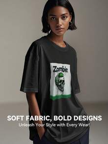 Women's Print Short Sleeve T-Shirt, Black & White Shirt, 180gsm Shirt, Crew Neck Short Sleeve T-Shirt, Breathable & Comfortable Casual Sports Fitness Tee, Casual Vintage Style, Suitable For Summer, Beach Holiday Crew Neck Short Sleeve Casual T-Shirt, Summer Tee - Black - View 2