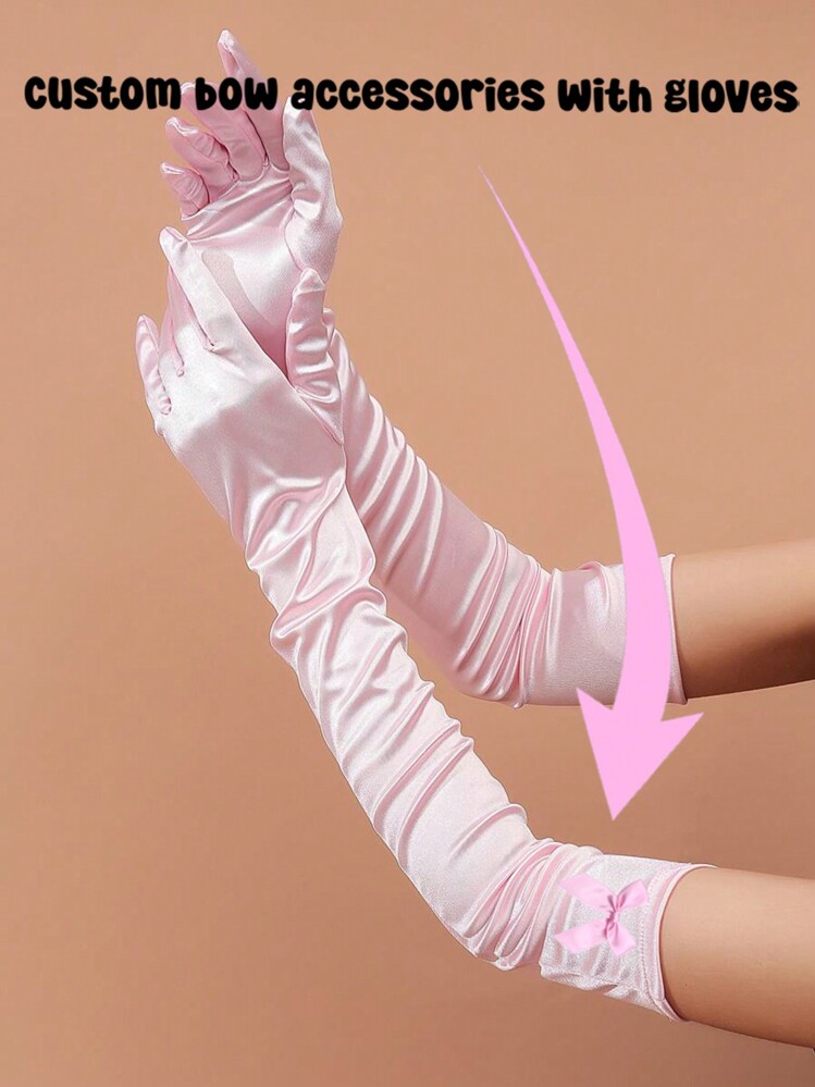 1pc Customized Bow Decor + 1 Pair Wedding Party Colored Gloves, Ideal For Formal Occasion In Winter - Elbow-length Gloves - View 2