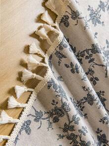 LOSPRING 蓝色花卉藤蔓印花亚麻质感窗帘，流苏边半透明厨房半帘 - M-03LT - 查看 7