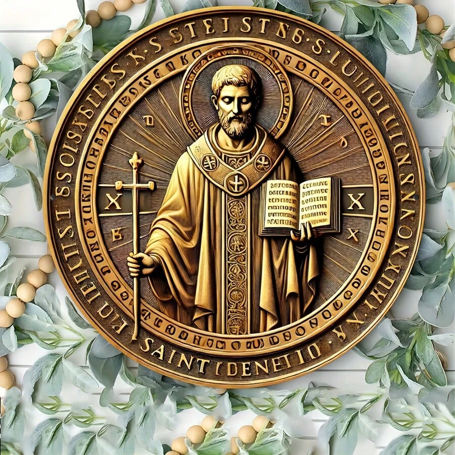 1 tấm bảng tròn 8x8 inch, nghệ thuật treo tường lấy cảm hứng từ huy chương Thánh Benedict, chạm khắc bằng sắt, thích hợp cho gia đình, quán cà phê, nhà hàng, nhà để xe, quán bar, sân - công cụ thủ công tôn giáo và đồ trang trí, có vị trí lỗ ngẫu nhiên ở hai bên - Nhiều màu1 - Xem 1