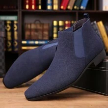 大码男士英式皮革切尔西靴，时尚一脚蹬短靴，欧美潮流 - 藍色 - 查看 2