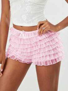Women's Summer Ruffled Frilly Shorts, Multi-Layer Mesh Short Pants Sweet Cute Bloomers - Pink - View 4