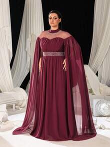 Faeriesty 带水钻细节斗篷袖雪纺礼服，长袖舞会晚礼服，适合婚礼嘉宾、毕业典礼、晚宴 - 酒紅色 - 查看 6