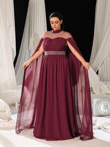 Faeriesty 带水钻细节斗篷袖雪纺礼服，长袖舞会晚礼服，适合婚礼嘉宾、毕业典礼、晚宴 - 酒紅色 - 查看 7