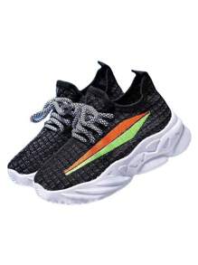 Zapatillas de deporte informales y cómodas para niños con estampado de bloques de color y diseño con cordones - Negro - Ver 3