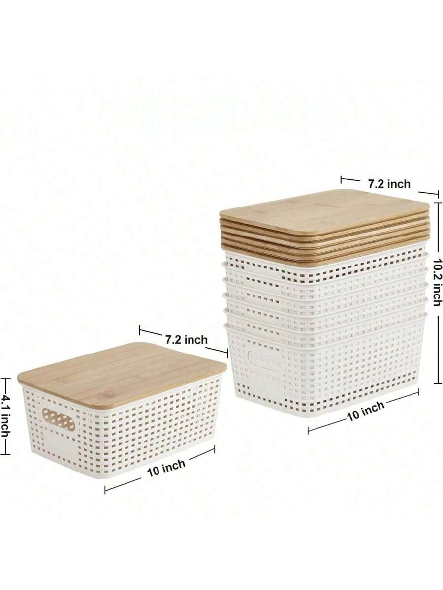 Small Plastic Storage Bins With Bamboo Lids 5.2qt Stackable Box Basket