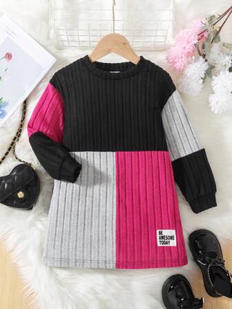 1 件女童休闲撞色针织长袖圆领直筒连衣裙，秋冬