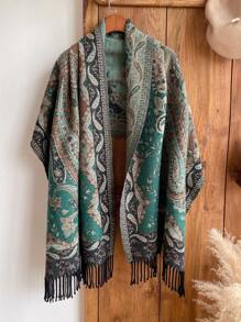 1 chiếc khăn choàng tua rua ấm áp họa tiết Paisley phong cách Bohemian mùa thu/đông dành cho nữ, thích hợp cho du lịch và nghỉ dưỡng - màu xanh lá - Xem 2