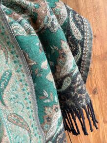 1 chiếc khăn choàng tua rua ấm áp họa tiết Paisley phong cách Bohemian mùa thu/đông dành cho nữ, thích hợp cho du lịch và nghỉ dưỡng - màu xanh lá - Xem 4