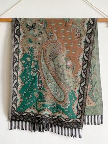 1 chiếc khăn choàng tua rua ấm áp họa tiết Paisley phong cách Bohemian mùa thu/đông dành cho nữ, thích hợp cho du lịch và nghỉ dưỡng - màu xanh lá - Xem 3