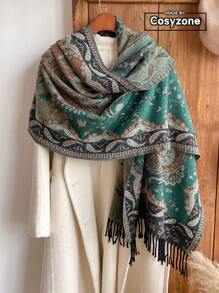 1 chiếc khăn choàng tua rua ấm áp họa tiết Paisley phong cách Bohemian mùa thu/đông dành cho nữ, thích hợp cho du lịch và nghỉ dưỡng - màu xanh lá - Xem 1
