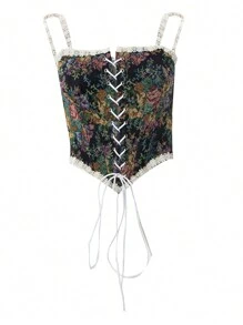 Womens Vintage Jacquard Bandage Camisole Boat Neck Flounce Irregular Suspender Corset - Black - View 6