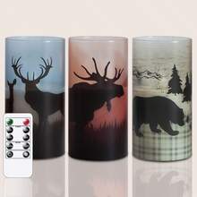 3pcs Flameless Led Real Glass Remote Candles With Deer Moose Bear Decal, 3" X6" Flickering Battery Operated Timer Pillar Candles For Halloween, Christmas, Party Decor(Long Life 450H) - Multicolor - View 2
