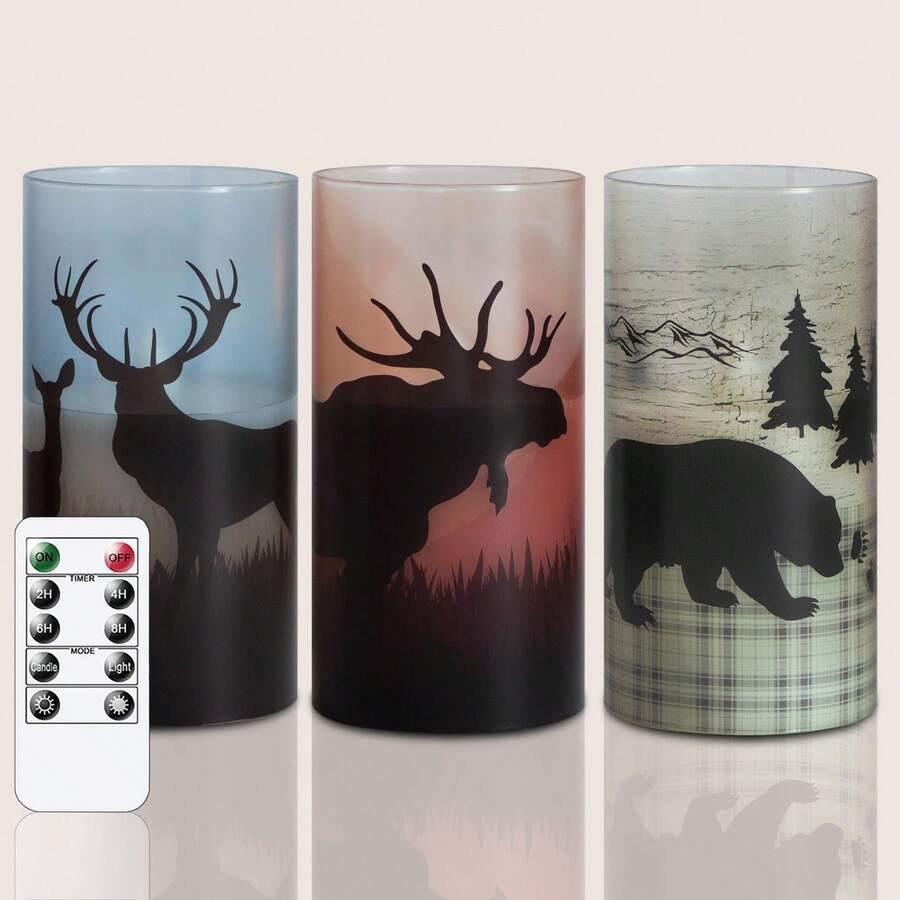 3pcs Flameless Led Real Glass Remote Candles With Deer Moose Bear Decal, 3" X6" Flickering Battery Operated Timer Pillar Candles For Halloween, Christmas, Party Decor(Long Life 450H)