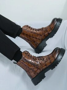 男士黑色或棕色高帮靴、格子时尚摩托车靴、圆头德比靴 - 棕色 - 查看 3