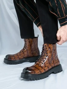 男士黑色或棕色高帮靴、格子时尚摩托车靴、圆头德比靴 - 棕色 - 查看 5