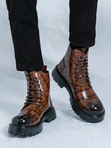 男士黑色或棕色高帮靴、格子时尚摩托车靴、圆头德比靴 - 棕色 - 查看 4