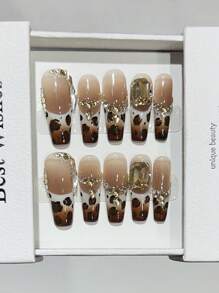 10pcs Long Trapezoid Shaped Ombre White & Brown Leopard Print French Manicure Nail Stickers, Glamorous Atmosphere, Handmade Nail Art Decals Suitable For Daily Wear Nails Handmade Press On Nails - Multicolor - View 9