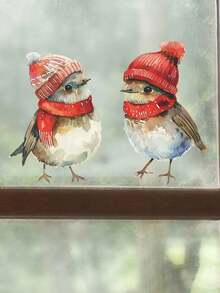 1 件节日圣诞节小鸟窗贴，带圣诞帽和围巾 - 自粘、可移除 PVC 一次性贴纸，用于室内和室外 - 办公室、客厅、卧室、浴室、厨房、庭院、用餐区和其他度假屋装饰，增添节日气氛 - 彩色 - 查看 2