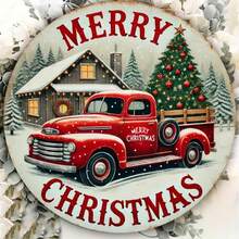 1 件复古圣诞花环装饰，圆形悬挂艺术，带有雪人和红色卡车设计，多用途家居和花园节日主题装饰，室内室外展示，8 X 8 英寸，孔随机放置在顶部、底部、左侧和右侧 - 彩色 - 查看 1