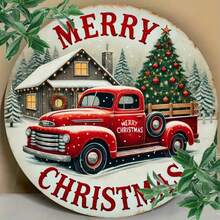 1 件复古圣诞花环装饰，圆形悬挂艺术，带有雪人和红色卡车设计，多用途家居和花园节日主题装饰，室内室外展示，8 X 8 英寸，孔随机放置在顶部、底部、左侧和右侧 - 彩色 - 查看 10