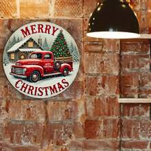 1 件复古圣诞花环装饰，圆形悬挂艺术，带有雪人和红色卡车设计，多用途家居和花园节日主题装饰，室内室外展示，8 X 8 英寸，孔随机放置在顶部、底部、左侧和右侧 - 彩色 - 查看 4