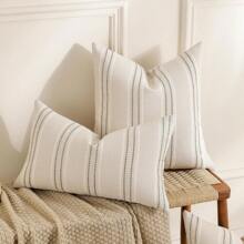 1pc/2pcs Double-Sided Woven Striped Sofa Throw Pillow Cover, Casual Home Decor - Green - View 1