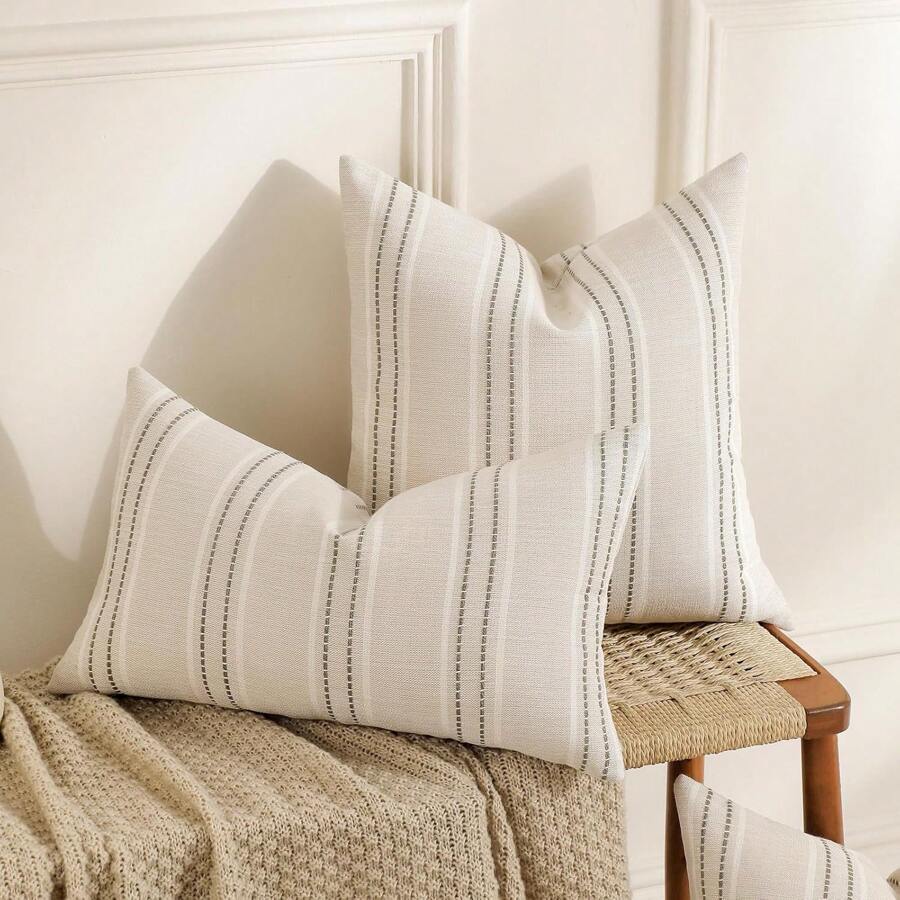 1pc/2pcs Double-Sided Woven Striped Sofa Throw Pillow Cover, Casual Home Decor - Green - View 1