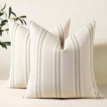 1pc/2pcs Double-Sided Woven Striped Sofa Throw Pillow Cover, Casual Home Decor - Green - View 3