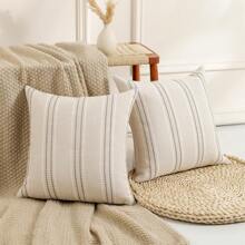 1pc/2pcs Double-Sided Woven Striped Sofa Throw Pillow Cover, Casual Home Decor - Green - View 4