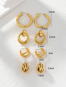 Bộ 4 đôi/bộ hoa tai tròn bằng đồng mạ vàng 18K, bộ hoa tai đơn giản thanh lịch cơ bản nhiều món dành cho phụ nữ, dùng cho tiệc tùng và đeo hàng ngày - Vàng - Xem 5