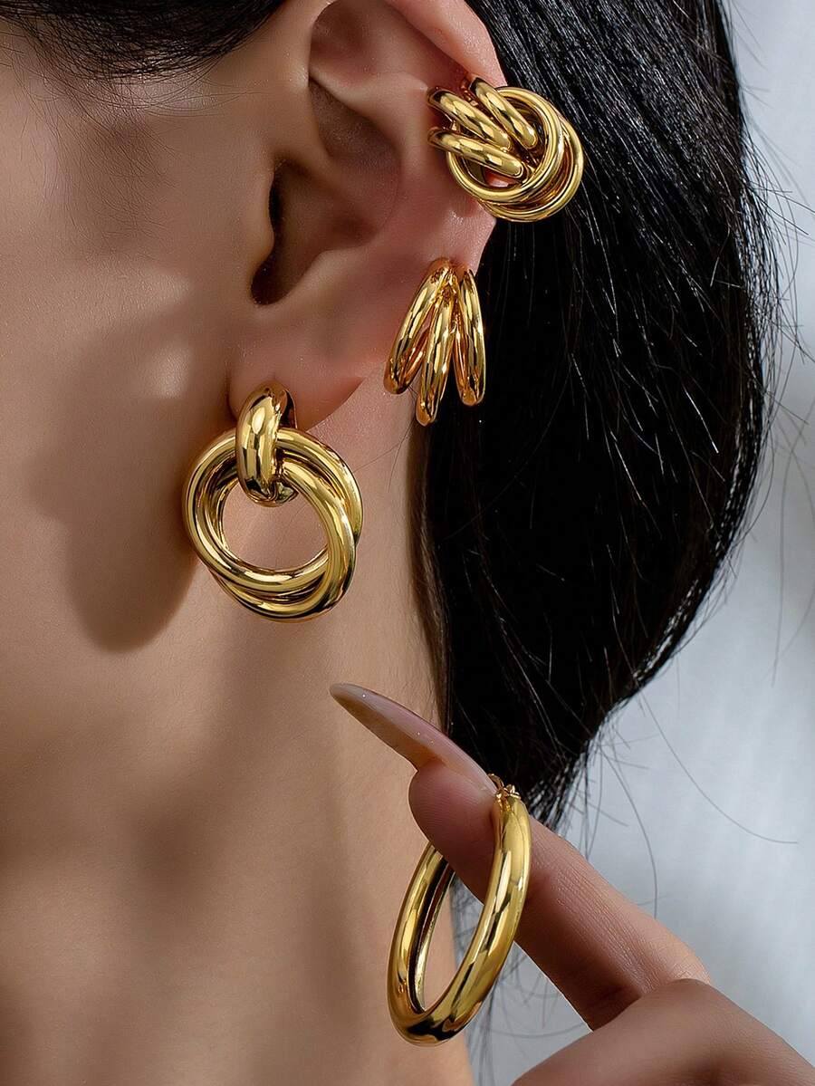 Bộ 4 đôi/bộ hoa tai tròn bằng đồng mạ vàng 18K, bộ hoa tai đơn giản thanh lịch cơ bản nhiều món dành cho phụ nữ, dùng cho tiệc tùng và đeo hàng ngày - Vàng - Xem 1