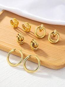 Bộ 4 đôi/bộ hoa tai tròn bằng đồng mạ vàng 18K, bộ hoa tai đơn giản thanh lịch cơ bản nhiều món dành cho phụ nữ, dùng cho tiệc tùng và đeo hàng ngày - Vàng - Xem 3