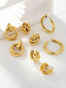 Bộ 4 đôi/bộ hoa tai tròn bằng đồng mạ vàng 18K, bộ hoa tai đơn giản thanh lịch cơ bản nhiều món dành cho phụ nữ, dùng cho tiệc tùng và đeo hàng ngày - Vàng - Xem 4