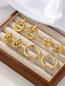 Bộ 4 đôi/bộ hoa tai tròn bằng đồng mạ vàng 18K, bộ hoa tai đơn giản thanh lịch cơ bản nhiều món dành cho phụ nữ, dùng cho tiệc tùng và đeo hàng ngày - Vàng - Xem 2
