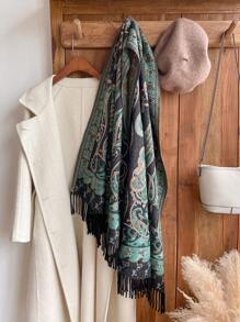 1 件女式复古佩斯利提花波西米亚风格保暖流苏围巾/披肩，秋冬旅行 - 綠色 - 查看 2