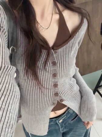 1pc V-Neck Sleeveless 2 In 1 Knit Cardigan For Women, Elegant Korean Style, Autumn, Random Allocation