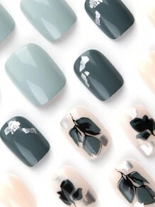 24入組新鮮優雅暗綠葉枝和金箔莫蘭迪風格剪裁方形假指甲+1支果凍膠和1支指甲磨光文件套裝，擠壓式假指甲甲品 - 墨綠色 - 查看 2